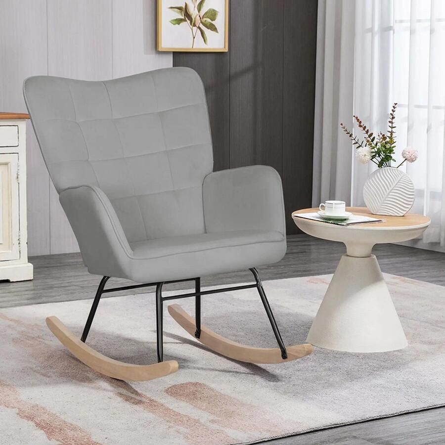 Sweiko Schommelstoel Hoge rugleuning Beukenhout + stalen frame Maximum gewicht 120 kg Grijs