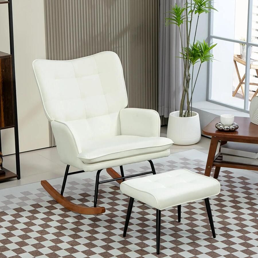 Sweiko Schommelstoel Hoge rugleuning met Hocker Polyester Maximale belasting 130 kg Crème