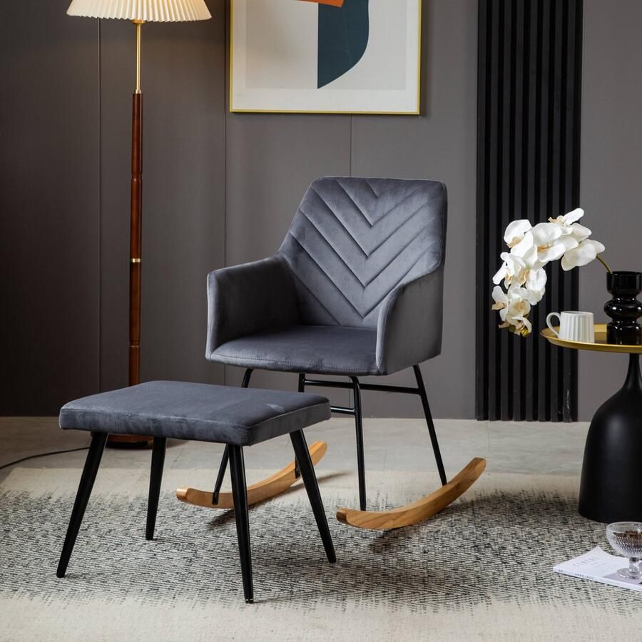 Sweiko Schommelstoel met hocker frame van rubberhout fluwelen loungestoel grijs