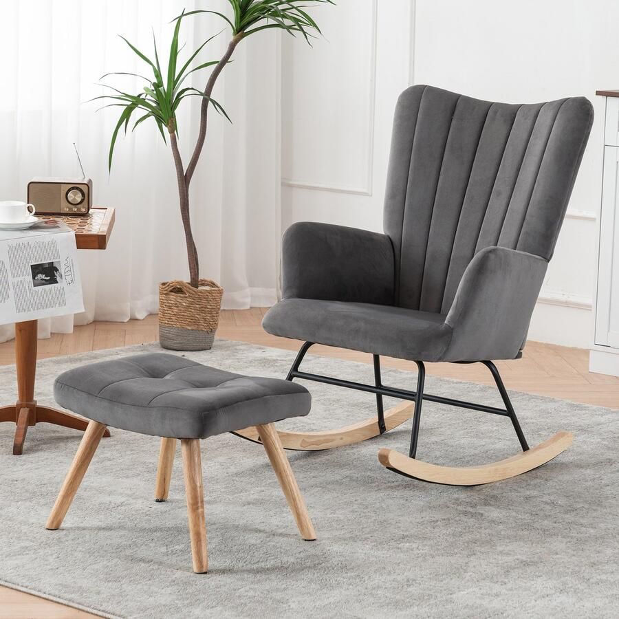 Sweiko Schommelstoel met hocker frame van rubberhout loungestoel met hoge rugleuning grijs