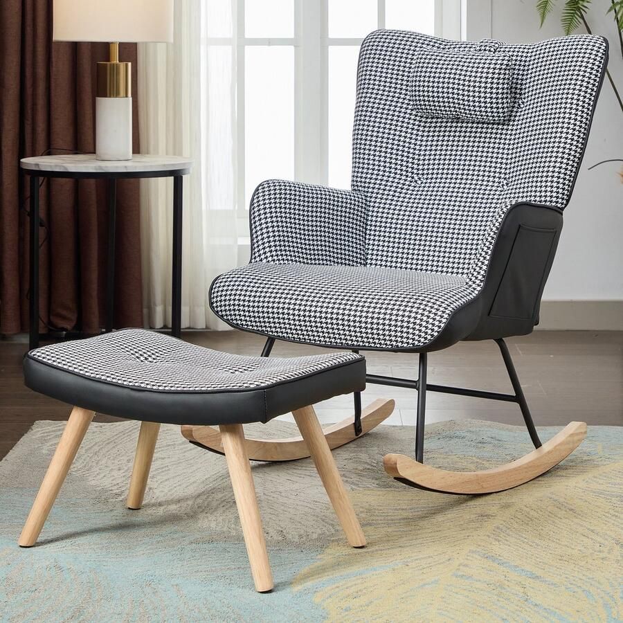 Sweiko Schommelstoel Met hocker + hoofdsteun Hoge veerkracht schuimkussen Check fauteuil Zwart + Wit