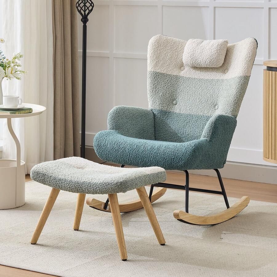 Sweiko Schommelstoel Met hocker + hoofdsteun Kleurverloop blok Teddy stof Veelkleurig