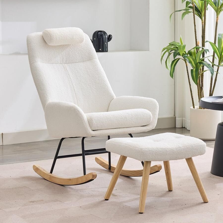 Sweiko Schommelstoel met hocker + hoofdsteun Teddy stof Rubberhouten poten Wit