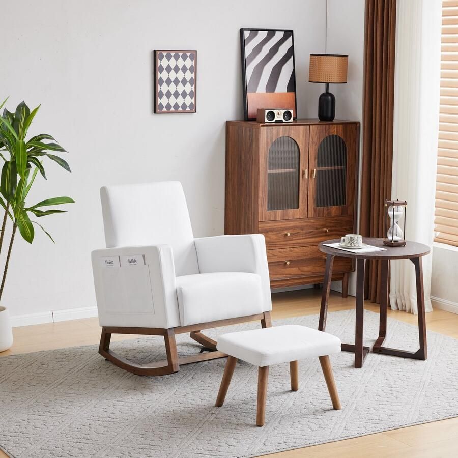 Sweiko Schommelstoel met hocker loungestoel fauteuil woonkamerstoel met opbergtas wit