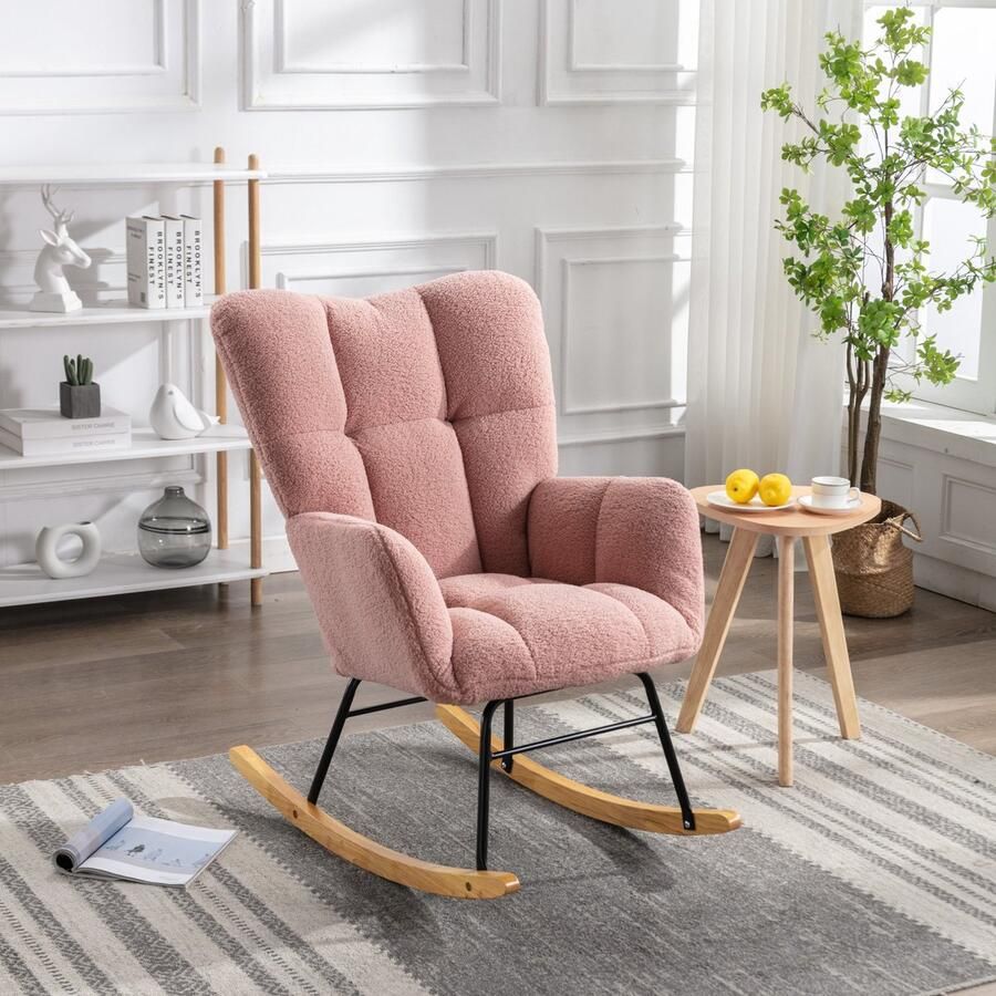 Sweiko Schommelstoel Teddyfluweel Zacht beklede zitting Metalen frame Roze