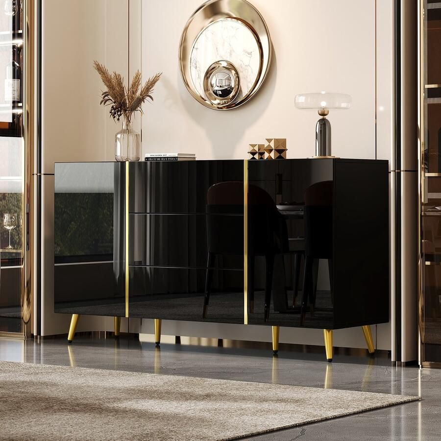 Sweiko Servieskast Hoogglans 2 deuren 3 lades Gouden lijnen Zwart