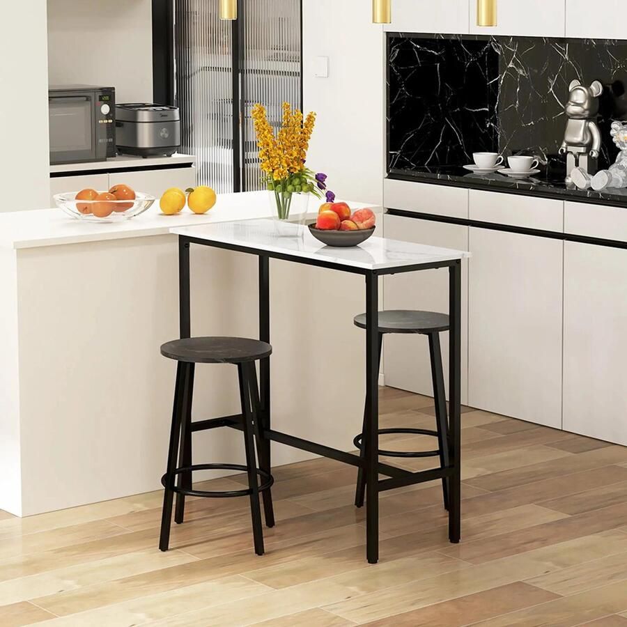 Sweiko Set tafel en stoelen 1 Tafel 2 Barkrukken Marmeren tafelblad Stalen frame Wit + zwart