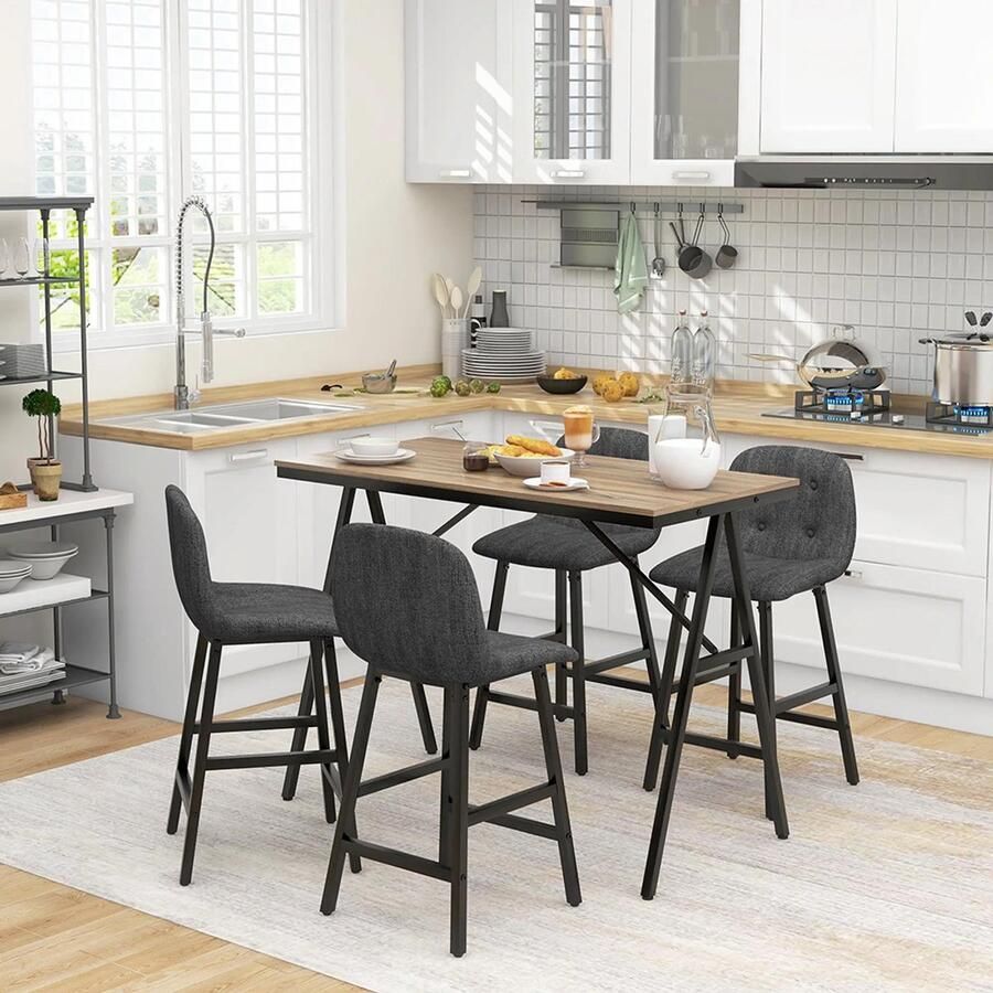 Sweiko Set tafel en stoelen 1 Tafel 4 Stoel Dikke vulling Linnen Donkergrijs