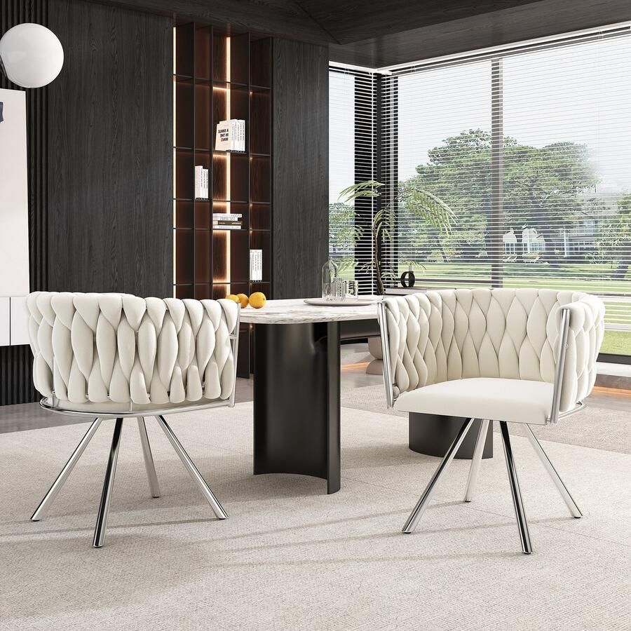 Sweiko Set van 2 eetkamerstoelen enkele 360° draaistoel voor woonkamerslaapkamer met vier zilverkleurige metalen steunpoten fluweel beige