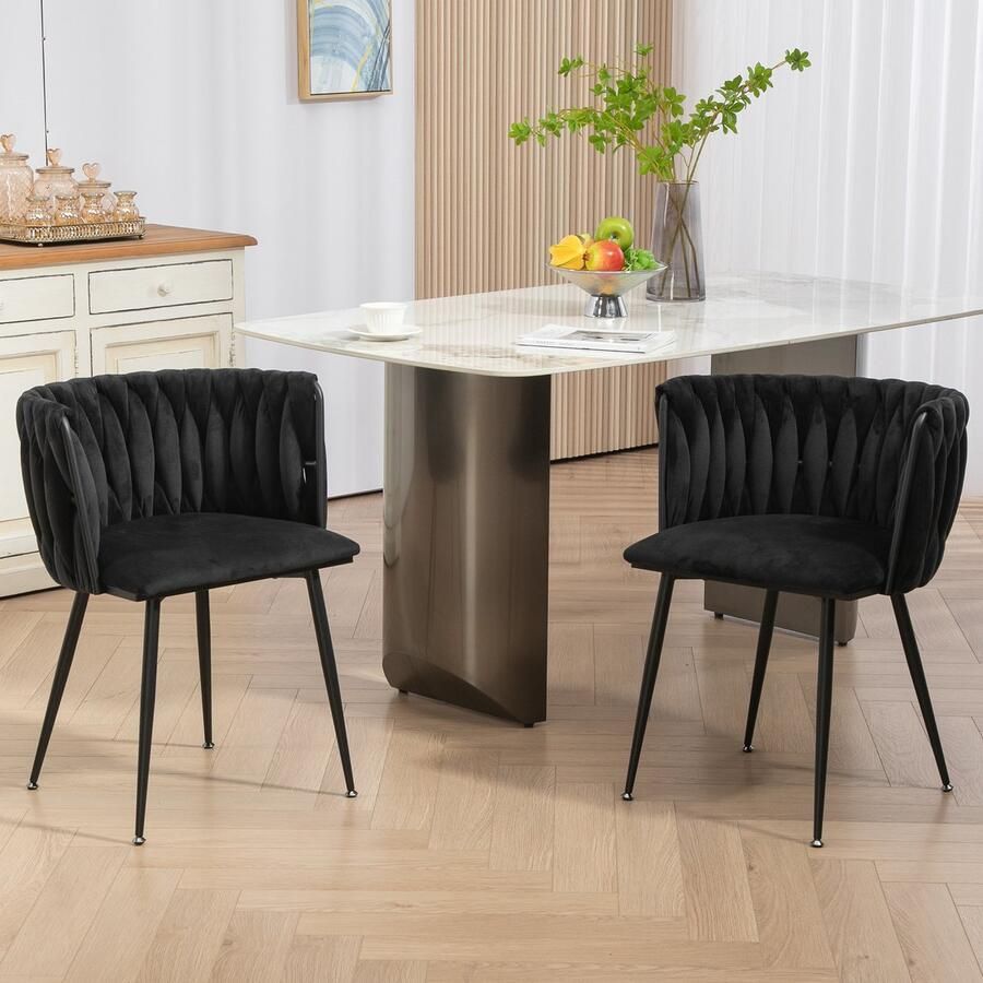 Sweiko Set van 2 Eetkamerstoelen Modern Luxe Fluweel met Zwarte Metalen Poten Elegant Handgeweven Ontwerp en Zachte Kussens voor Eetkamer Woonkamer en Slaapkamer Zwart