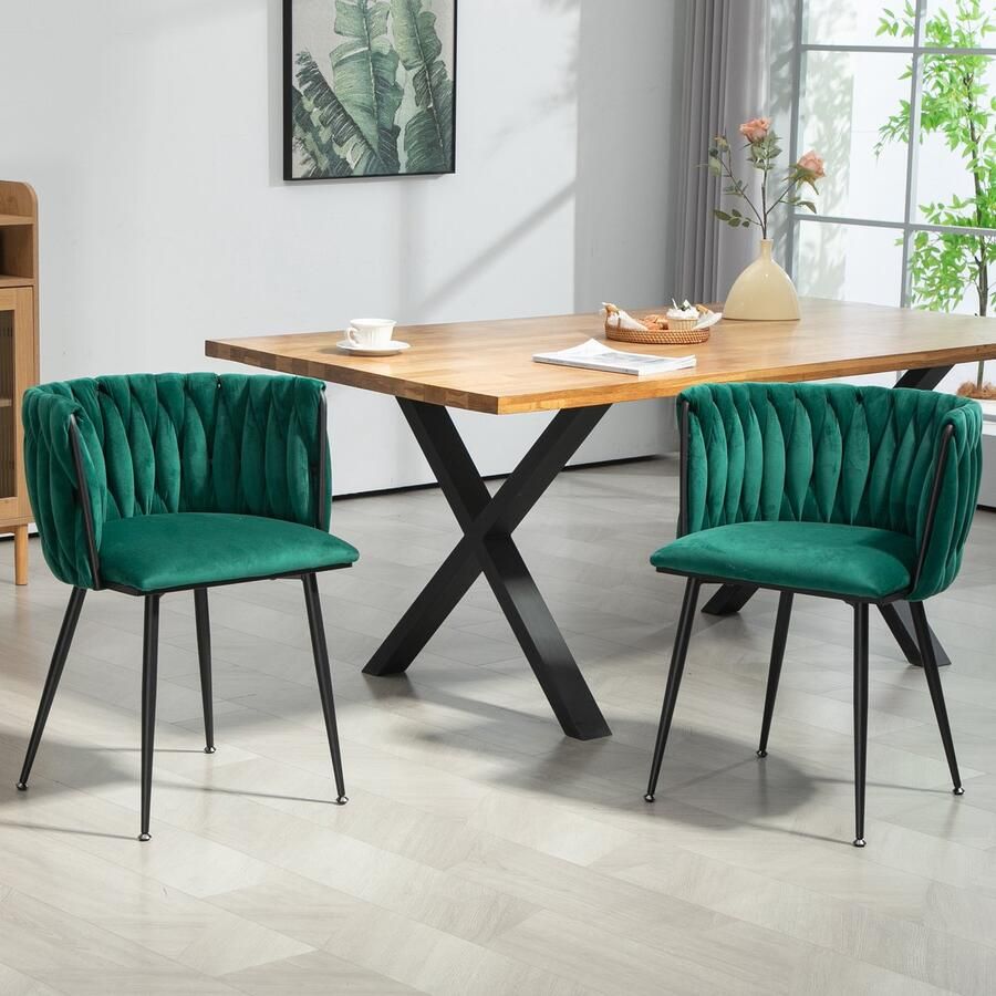 Sweiko Set van 2 Eetkamerstoelen Modern Luxe Fluweel met Zwarte Metalen Poten Elegant Handgeweven Ontwerp en Zachte Kussens voor Eetkamer Woonkamer en Slaapkamer Groen
