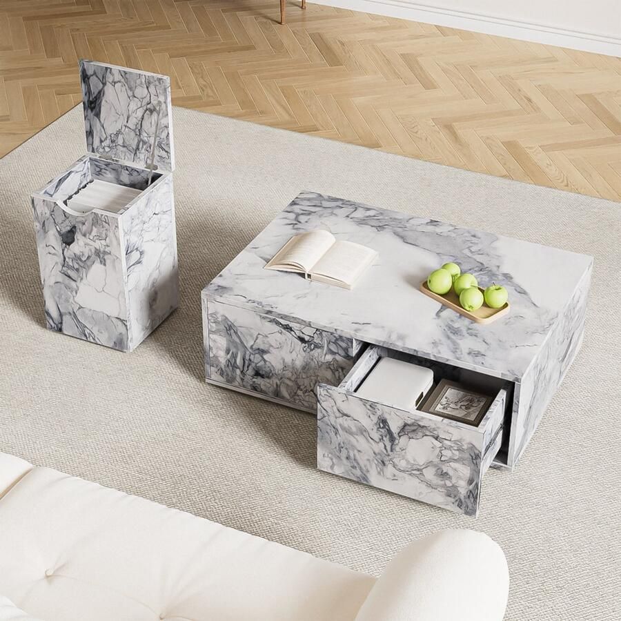 Sweiko Set van 2 Moderne modulaire woonkamer Salontafel in marmerlook bijzettafel salontafel set sofa bijzettafel en balkon