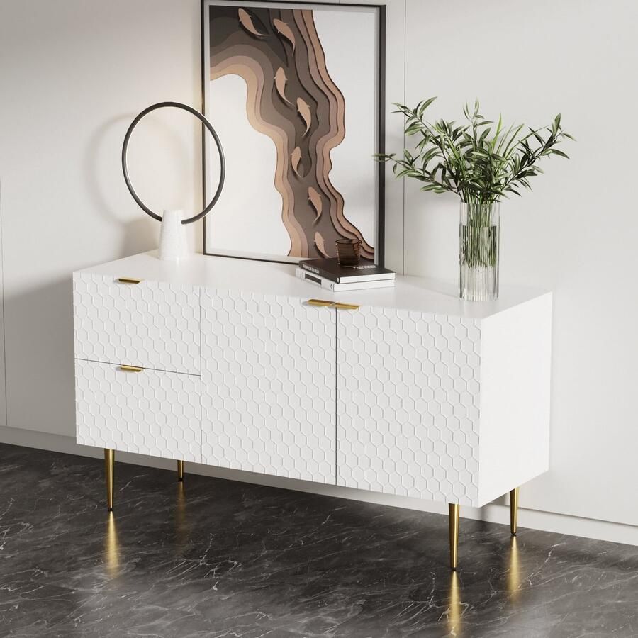 Sweiko Sideboard Dressoir met speciaal patroon en gevoel Commode met 2 deuren en 2 lades Gouden handvatten en voeten