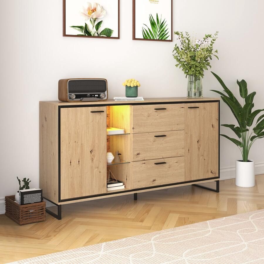 Sweiko Sideboard met 3 lades met 2 deuren. Prachtig graan. Modern Dressoir in houtkleur met opbergvakken – Stijlvol en functioneel Woonmeubilair. Zwart en houtkleur - Foto 2