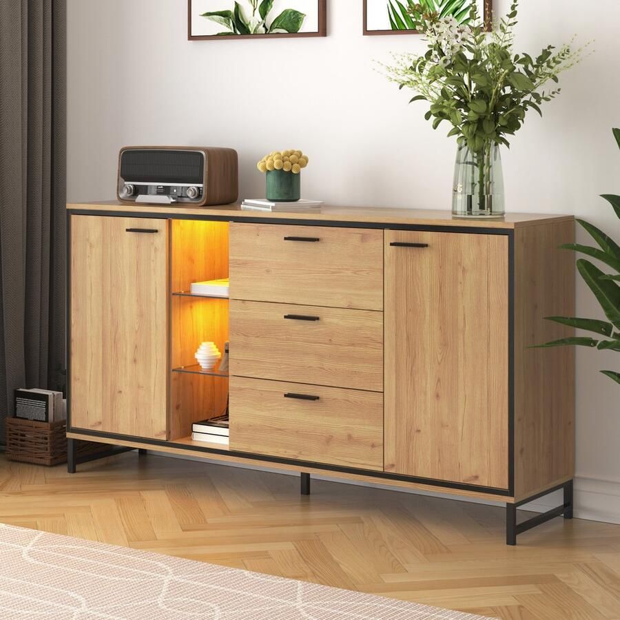 Sweiko Sideboard met 3 lades met 2 deuren. Prachtig graan. Modern Dressoir in houtkleur met opbergvakken – Stijlvol en functioneel Woonmeubilair. Zwart en houtkleur