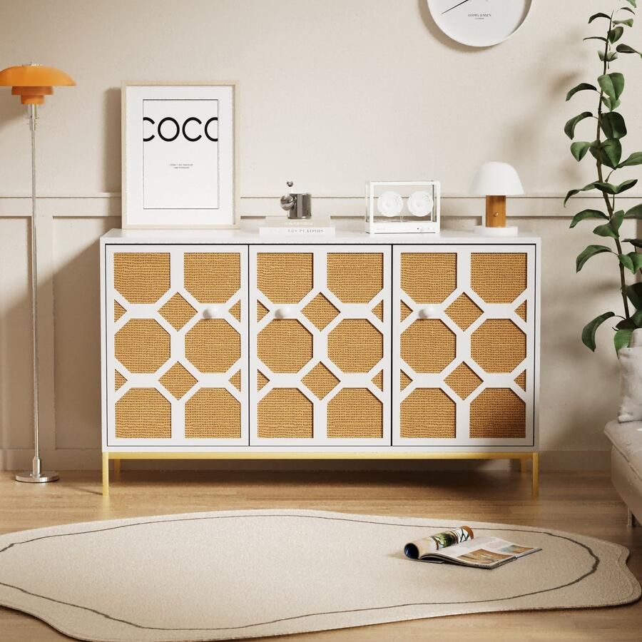 Sweiko Sideboard Woonkamer Kast Driedeurs Dressoir Getextureerde rotan deur inclusief verstelbare planken Gouden voeten