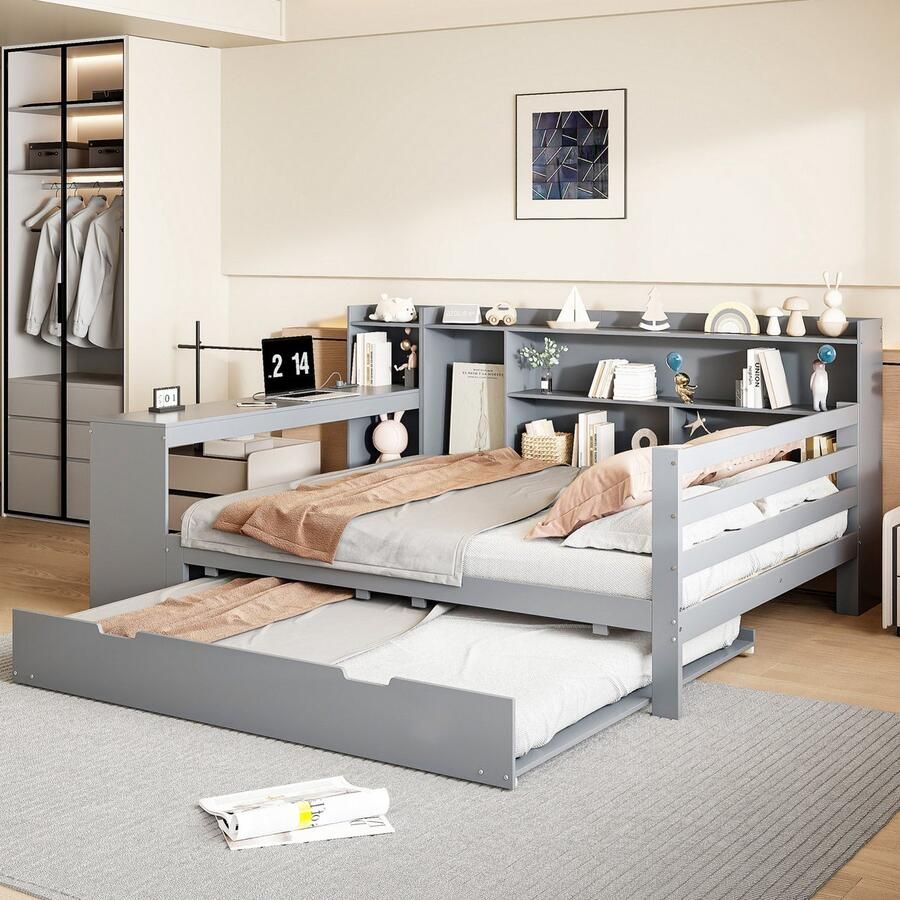 Sweiko Slaapbank 140 x 200 cm Bureau Boekenrek Oplaadfunctie Met uitschuifbaar bed Grijs