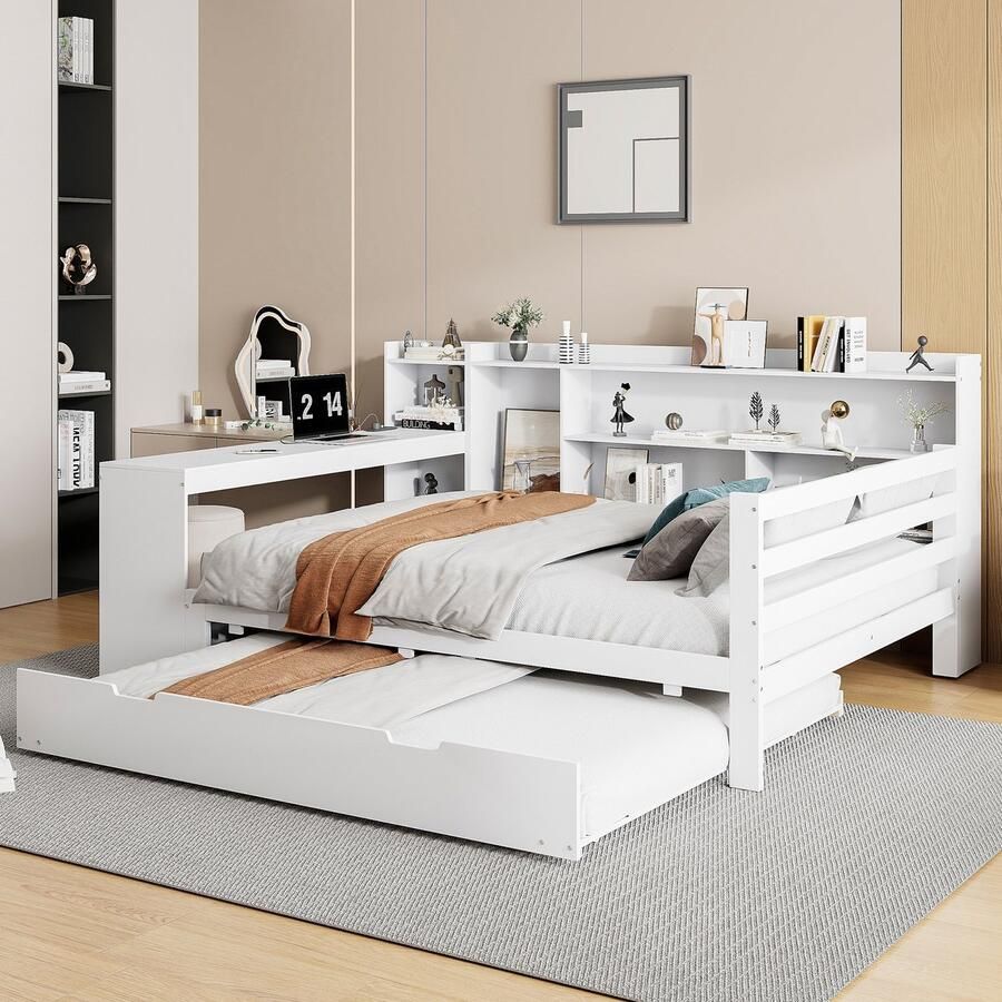 Sweiko Slaapbank 140 x 200 cm Bureau Boekenrek Oplaadfunctie Met uitschuifbaar bed Wit