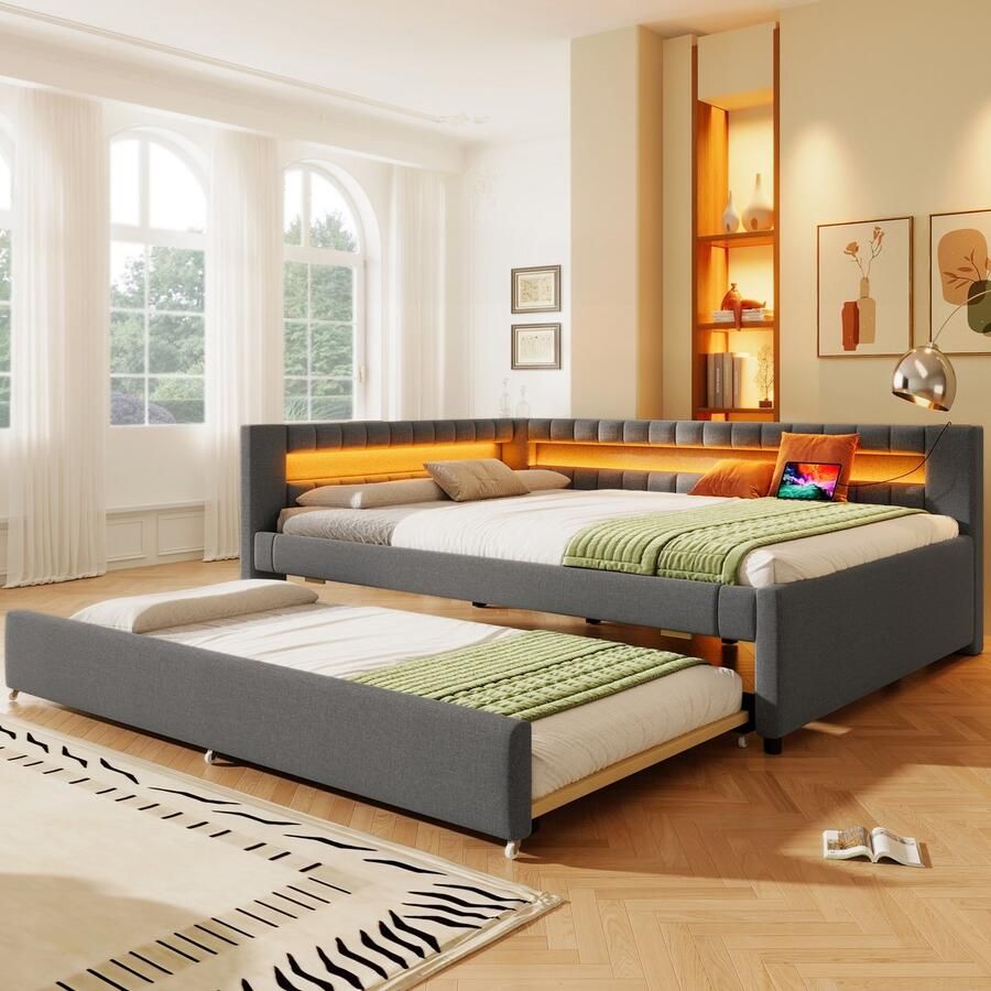 Sweiko Slaapbank 140 x 200 cm LED-verlichting met uitschuifbaar bed USB Type-C linnen Grijs