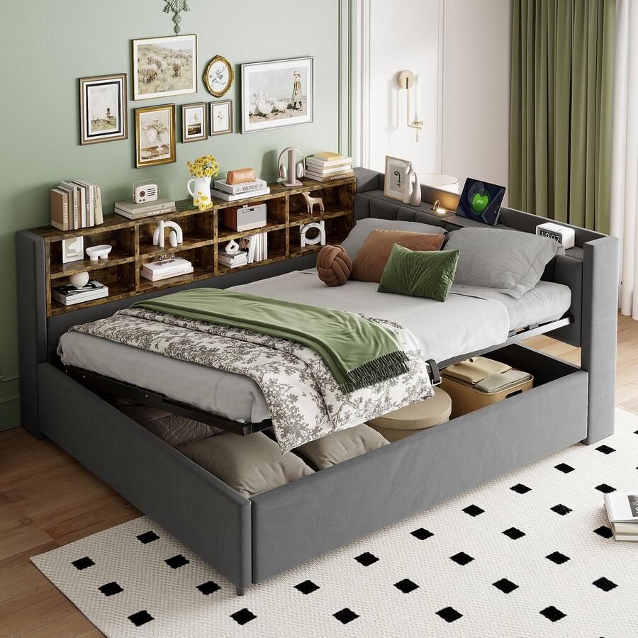 Sweiko Slaapbank 140 x 200 cm Opbergruimte Met bedlampjes USB Type-C Velvet Grijs