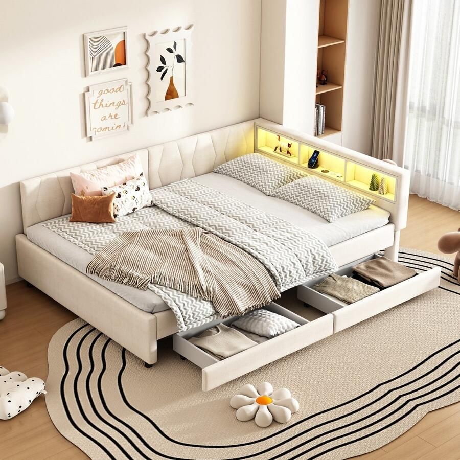 Sweiko Slaapbank 140 x 200 cm USB + Type-C LED-verlichting 2 lades Linnen Beige