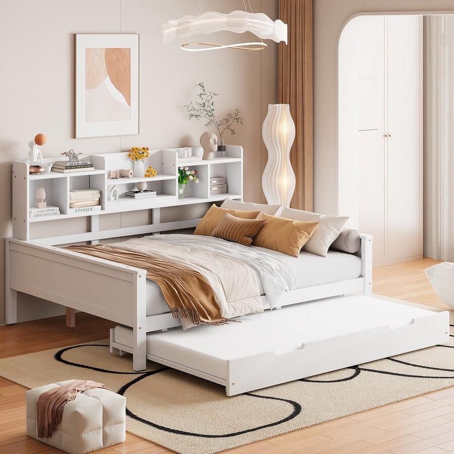 Sweiko Slaapbank 140*200cm met Uitschuifbaar bed Opbergvak Lattenbodem Wit