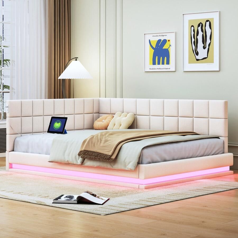 Sweiko Slaapbank 140*200cm multifunctioneel gestoffeerd bed met LED-strip en USB-aansluiting lattenbodem fluweelstof beige