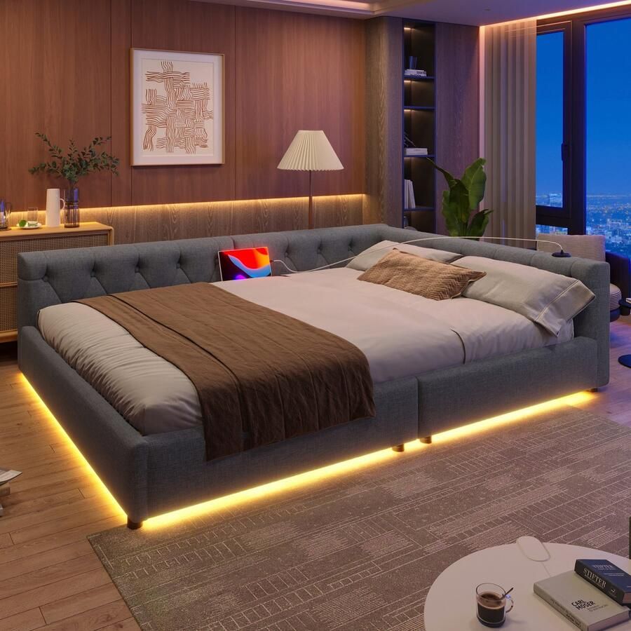 Sweiko Slaapbank 140x200 cm LED-verlichting Gestoffeerd bed USB+Type-C Linnen Grijs