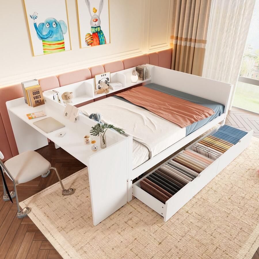 Sweiko Slaapbank 140x200 cm met Bureau + 2 Laden Zonder matras Wit