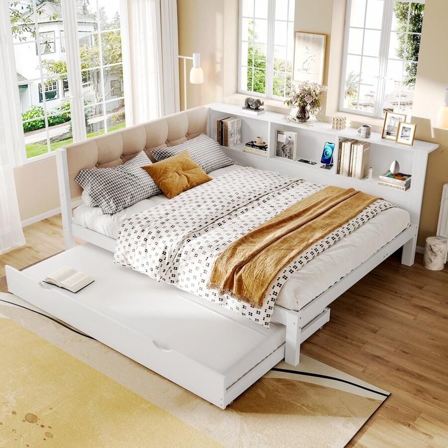 Sweiko Slaapbank 140x200cm Met uitschuifbaar bed LED-verlichting Opbergruimte USB-poort Wit