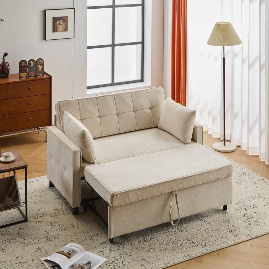 Sweiko Slaapbank 2 zits bank Verstelbare rugleuning Chenille stof Hoge schuimdichtheid Beige