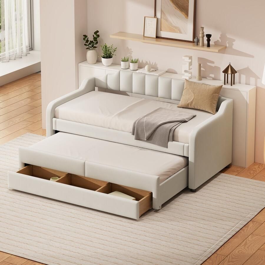 Sweiko Slaapbank 90 x 200 cm met Uitschuifbaar bed Grote lade Linnen Beige