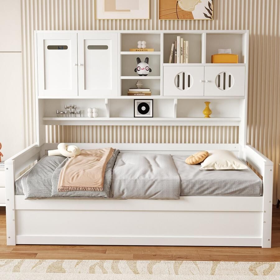 Sweiko Slaapbank 90 x 200 cm Opbergruimte Hydraulisch bed Zonder matras Wit