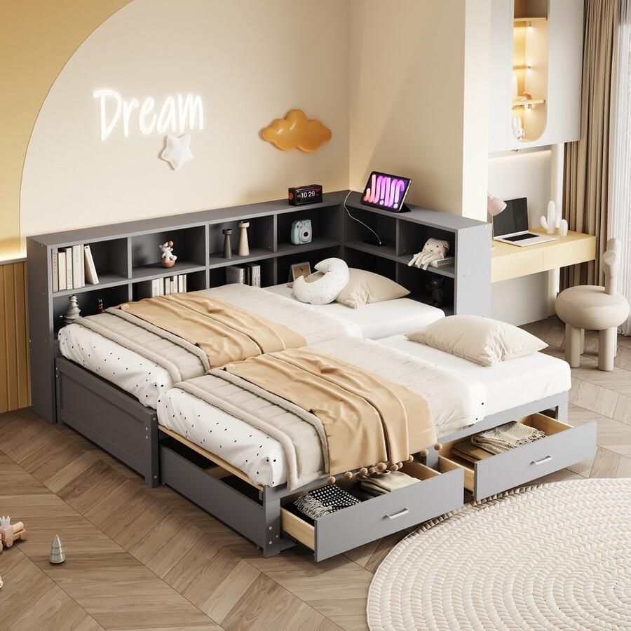 Sweiko Slaapbank 90 180 x 190 cm met Uitschuifbaar bed Opbergvak Oplaadpunt 2 Lades Grijs