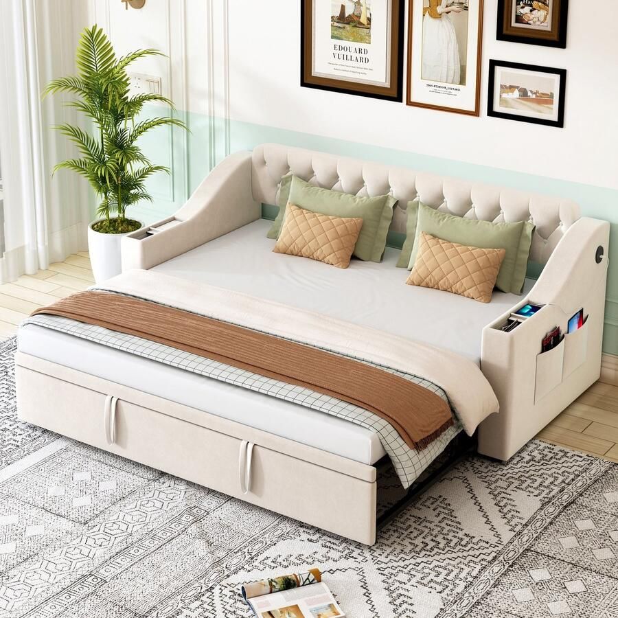 Sweiko Slaapbank 90 180*190 cm Met USB-laadpoort Opbergtas Lattenbodem Fluwelen stof Beige