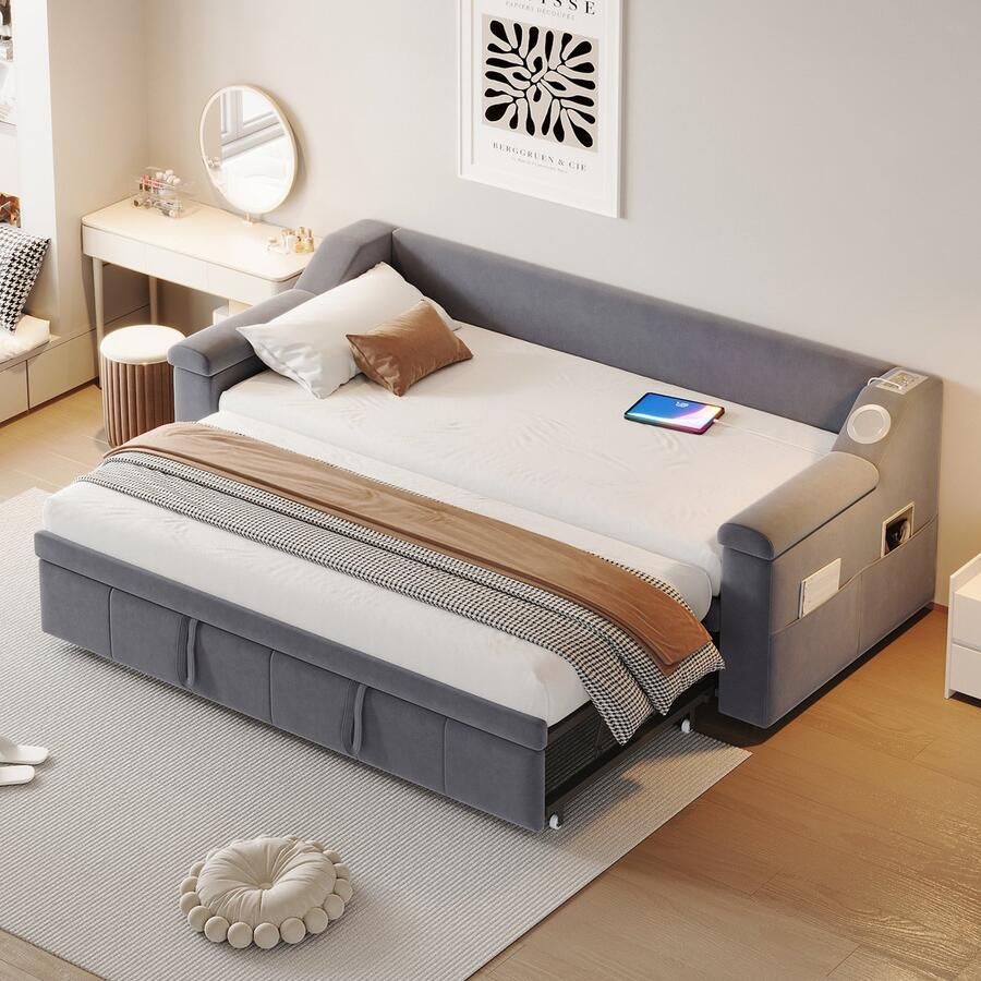 Sweiko Slaapbank 90 180*190 cm Smart Bluetooth stereo-installatie + USB-oplaadpoort Velvet Grijs