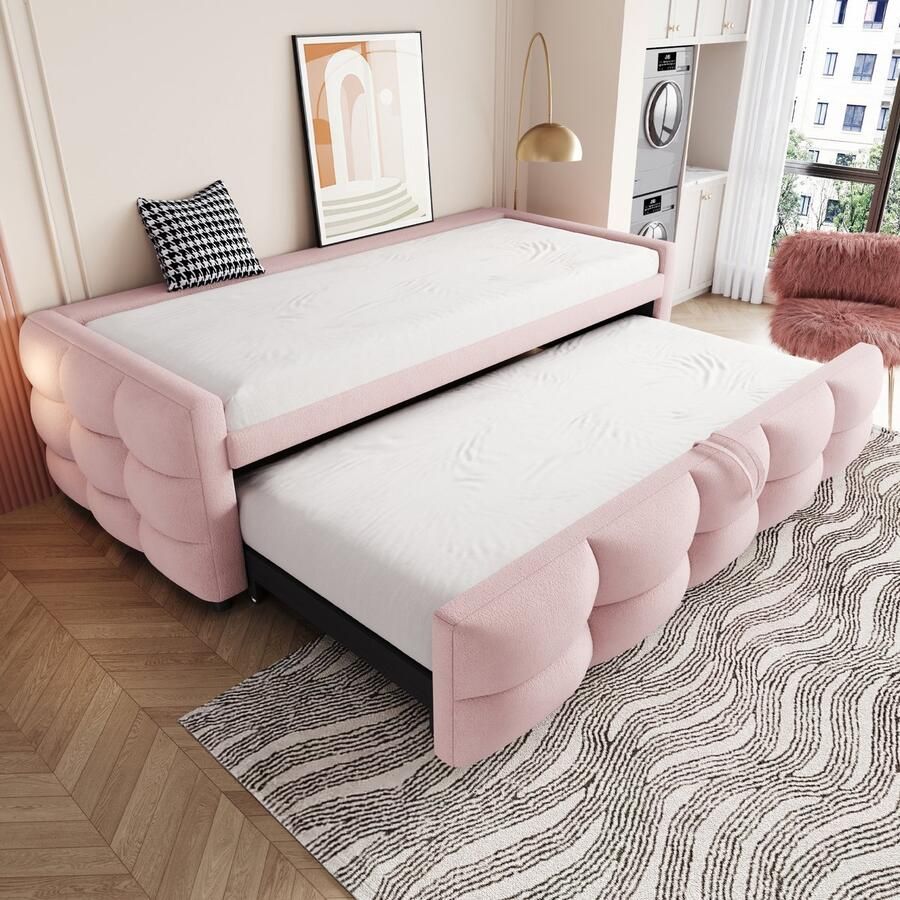 Sweiko Slaapbank 90 180*190 cm Uitschuifbaar futonbed Teddy fluwelen stof Roze