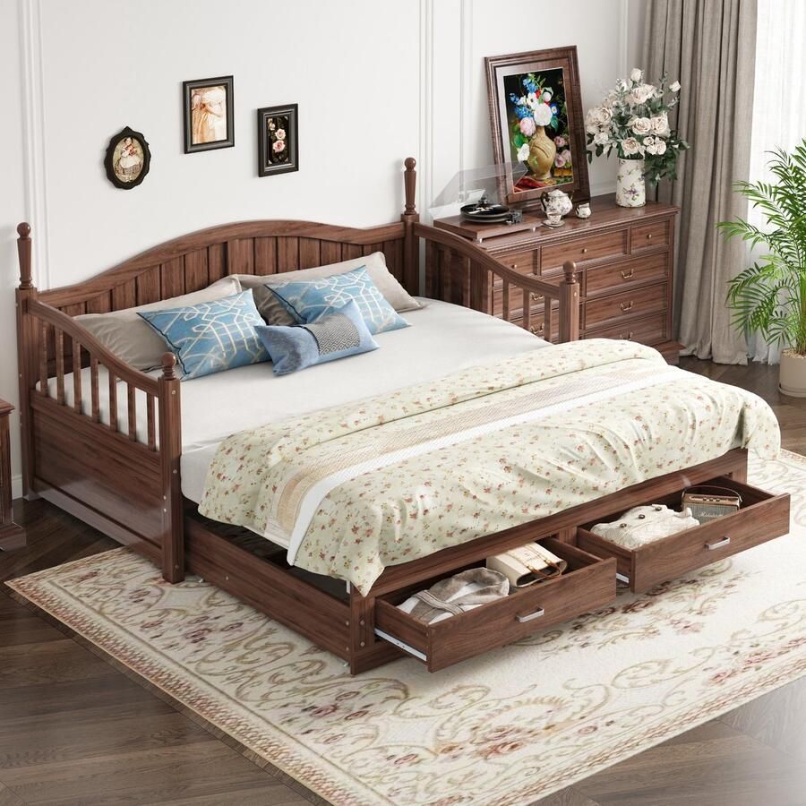 Sweiko Slaapbank 90 180*190 cm Uitschuifbaar met 2 Laden Lattenbodem Walnoot