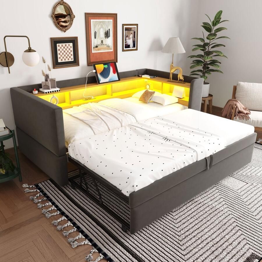 Sweiko Slaapbank 90 180*190 cm Uitschuifbaar Met LED verlichting + oplaadpoort Donkergrijs