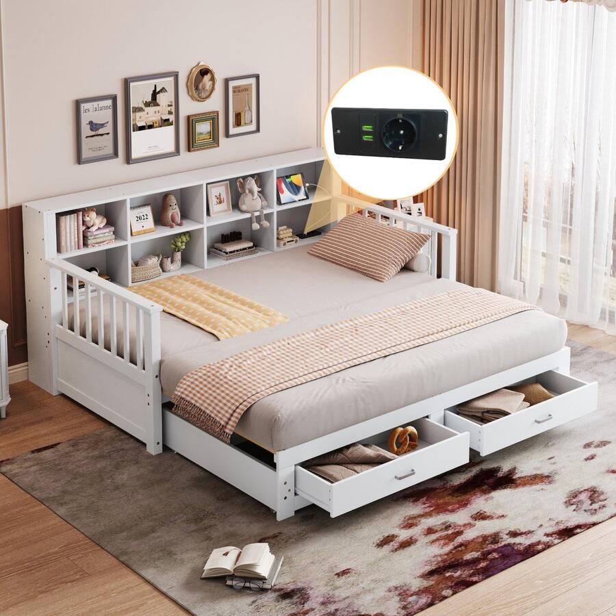 Sweiko Slaapbank 90 180x190 cm Uitschuifbaar massief houten bed Met oplaadpoort + 2 laden Wit