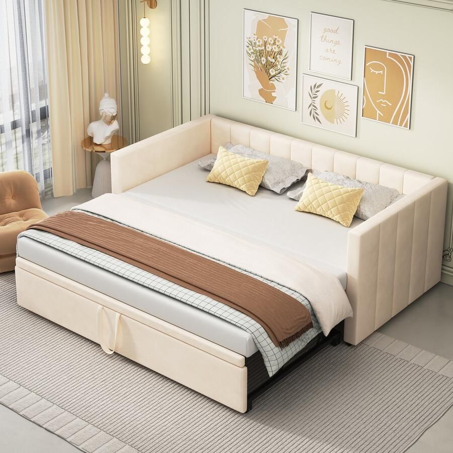 Sweiko Kussenbed Uitschuifbare Slaapbank 90 180x200cm met plat noedelsframe Multifunctioneel bed gemaakt van Beige huidvriendelijke fluwelen stof(zonder matras)
