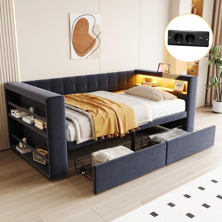 Sweiko Slaapbank 90×190 cm Kinderbed LED-verlichting Oplaadpunt 2 lades Donkergrijs