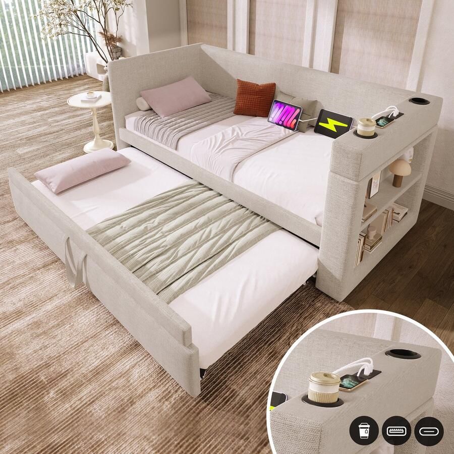 Sweiko Slaapbank 90*190cm met Uitschuifbaar bed USB Type-C Bekerhouder Linnen Beige