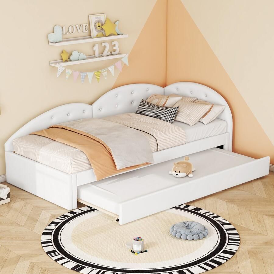 Sweiko Slaapbank 90*200cm Gewatteerd bed Uitgerust met uitschuifbaar bed Stijlvol en eenvoudig PU-materiaal Wit