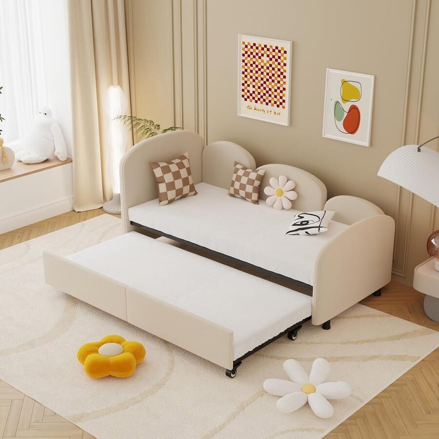 Gutent Slaapbank Beige(Zonder matras) 90*200cm Eenpersoonsbed met Opbergladen Fluwelen daybed Voor woonkamer kinderkamer slaapkamer moderne stijl