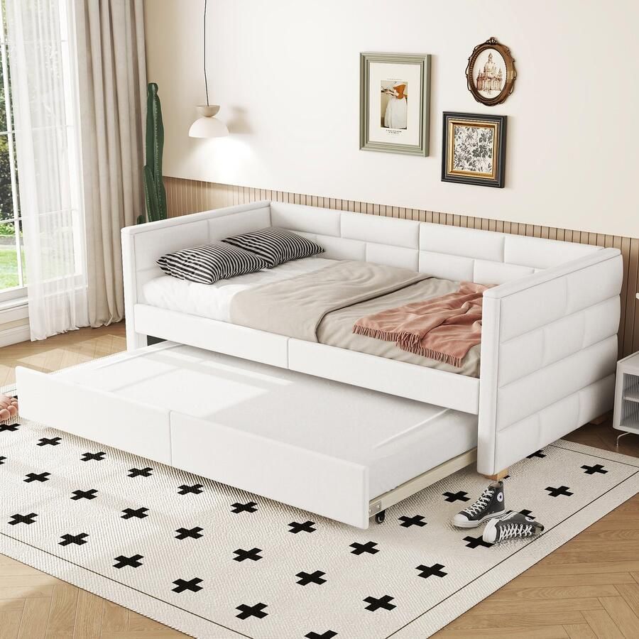 Sweiko Slaapbank 90*200cm met Uitschuifbaar bed Minimalistische stijl Beige