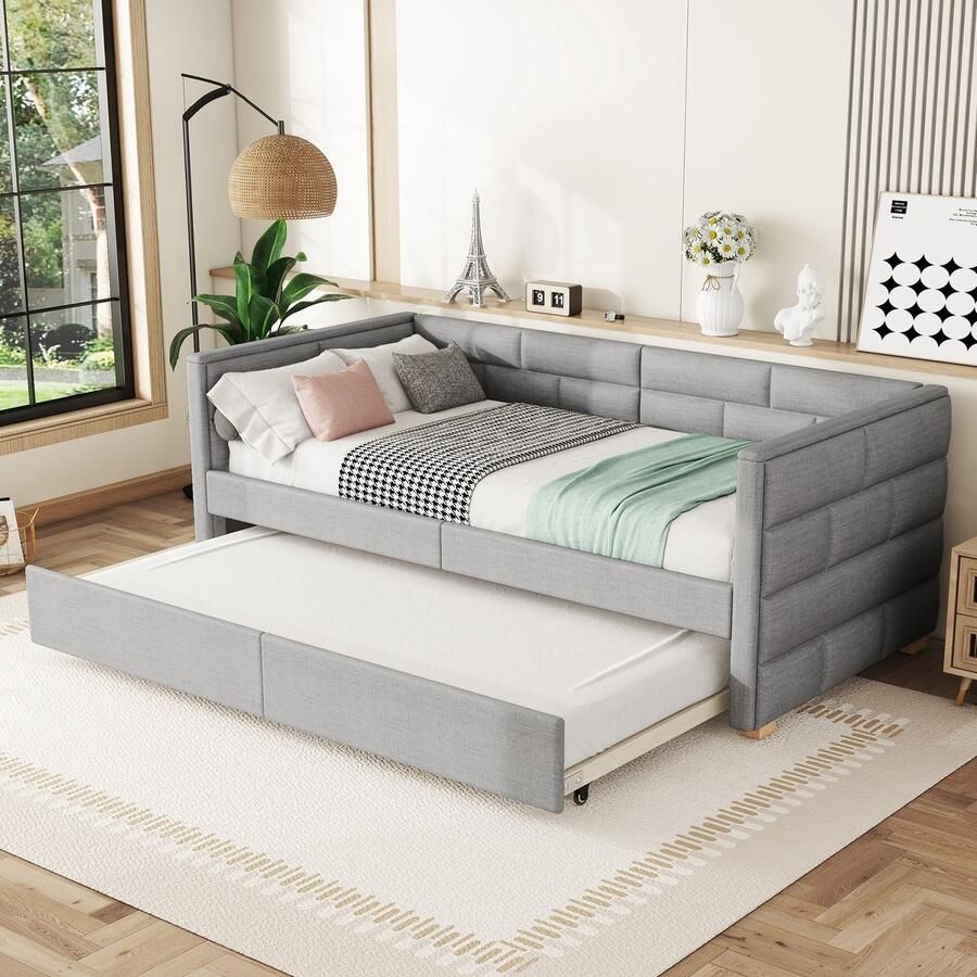 Sweiko Slaapbank 90*200cm met Uitschuifbaar bed Minimalistische stijl Grijs