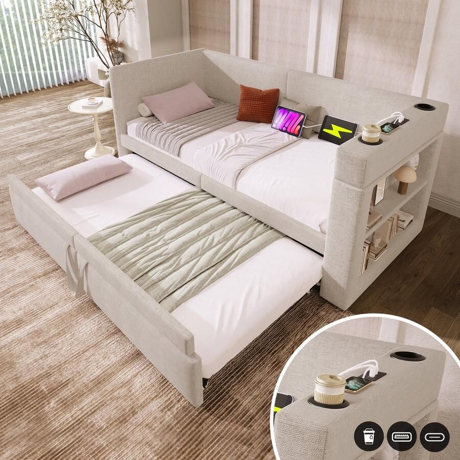 Sweiko Slaapbank 90*200cm met Uitschuifbaar bed USB Type-C Bekerhouder Linnen Beige