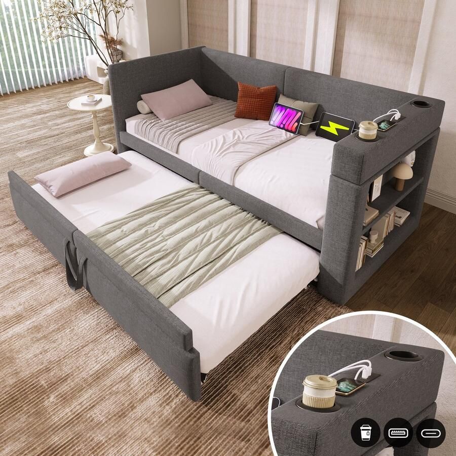 Sweiko Slaapbank 90*200cm met Uitschuifbaar bed USB Type-C Bekerhouder Linnen Grijs