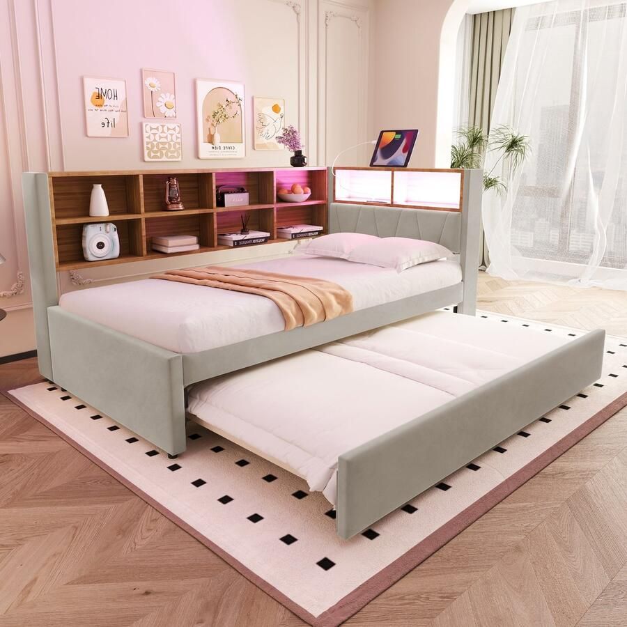 Sweiko Slaapbank 90*200cm met Uittrekbaar bed LED verlichting + oplaadpoort + opbergvak Flanel Lichtgrijs